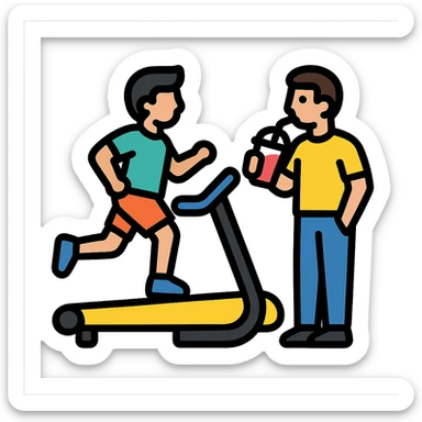 one man on a treadmill, the other man standing nearby sipping a smoothie, icon style, modern and easy to understand, clear contrast sticker