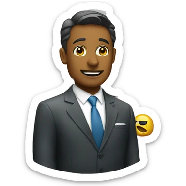 a sweaty businessman in a suit in front of a shop sticker