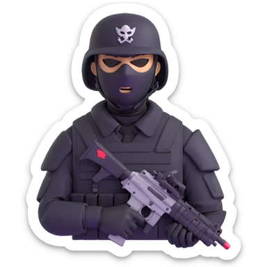 armed figure in all-black military clothing, shiesty mask, and helmet sticker