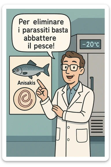  a scientist in a white lab coat stands beside a large poster showing a fish and a diagram of the Anisakis parasite. The scientist points to a speech bubble that says, “Per eliminare i parassiti basta abbattere il pesce!” In the background, a blast freezer is visible, with a temperature gauge set to -20°C. The mood is informative and reassuring. In italiano sticker