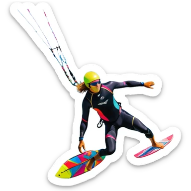 A vibrant kite soaring high in the sky, attached to a kiteboarder riding the waves below. The scene is filled with bright colors, capturing the energy of the sport. The background features the ocean, wind-blown waves, and a clear sky, showcasing the excitement and freedom of kiting. sticker