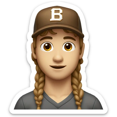 Teenager boy type italian, White skin, with baseball cap backwards with long wavy brown hair (Which go down behind to the nape of the neck), Little bit dezoom sticker