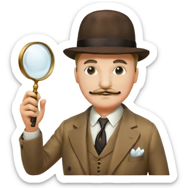 A cinematic-style frame showing Hercule Poirot in his iconic suit, with a magnifying glass, in a dramatic detective pose. Background should be dimly lit with an air of mystery, reflecting the atmosphere of a classic detective film. Transparent background. sticker
