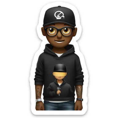 black cap, black hoodie and glasses boy  holding an tattoo machine sticker