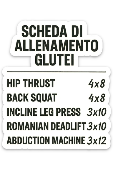 scheda di allenamento glutei in italiano con le reps scritte (tipo 4x8 ecc), iperrealistico 4k sticker