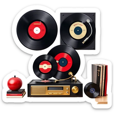 Icon for Vinyl Record Collecting: large black, golden and red vinyl records in decorative packaging featuring artist images, neatly arranged on a wall or shelf, modern vinyl record player. The icon should reflect the aesthetic and artistic aspect of collecting vinyl records. Transparent background. sticker