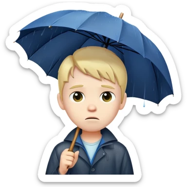 Sad boy standing alone in the rain with an umbrella sticker