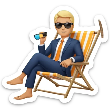 blonde businessman in suit sitting in beach chair on vacation, tropical beach sticker