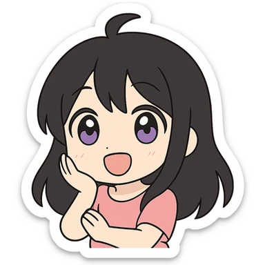 Change hair color to black, keep anime girl with purple eyes, expressive faces, cute, vibrant colors, no background. sticker