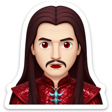 Vlad Tepes with long dark brown hair, dark red sequin outfit sticker