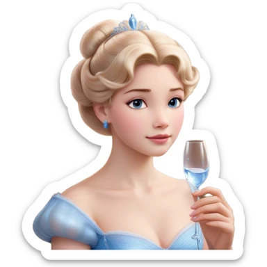 Cinematic Realistic Cinderella Portrait, depicted with lifelike skin texture, subtle rosy undertones, and soft natural lighting that enhances the gentle contours of her face. Her intricately detailed golden blonde hair is elegantly styled in an updo, with delicate wisps framing her face. Her deep, expressive blue eyes radiate warmth and sincerity, reflecting a quiet resilience and grace. She holds a glass slipper gently in one hand, her other hand resting gracefully at her side, emphasizing the timeless beauty of the moment. She is dressed in her iconic ball gown, the fabric shimmering with intricate embroidery and fine translucent layers that catch the light beautifully. The soft sheen of satin gloves adds a magical touch to her graceful pose. The portrait features an enchanting glow with a natural, luminous finish, seamlessly blending realism and fairytale charm to evoke a sense of depth, elegance, and timeless beauty. sticker