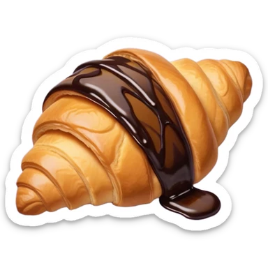 There's a croissant with chocolate syrup on a pale purple napkin sticker