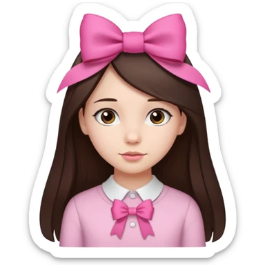 cute girl with dark long straight brown hair with pink bow in hair on te side sticker