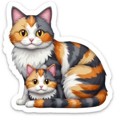 full body colourful light patched calico + white tabby cat cuddling a large dark grey and white tabby cat  sticker