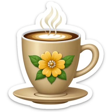 Cinematic Realistic sophisticated cup filled with khaki coffee with flower ornament sticker