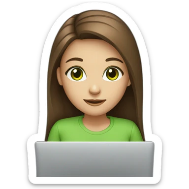 girl with long brown hair, green eyes, with laptop sticker