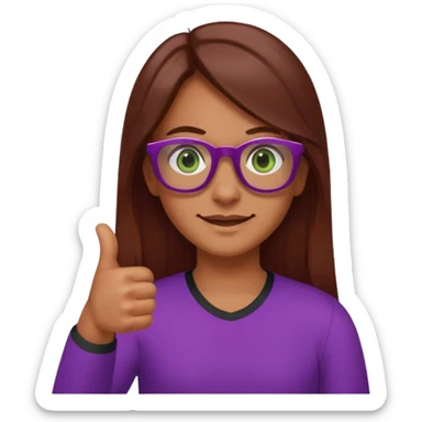 Red shirt, long brown hair, green eyes, purple glasses, thumbs up sticker