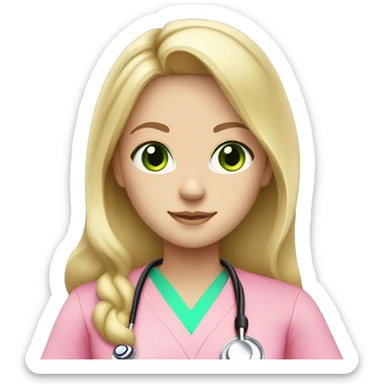 pale blonde girl with long hair and green eyes wearing pink scrubs and stethoscope  sticker
