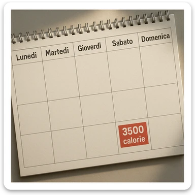 Hyperrealistic top-down view of a weekly calendar in Italian, showing days from Monday to Sunday. Only Saturday and Sunday have the text '3500 calorie' highlighted in a red box below, with no red circle on Friday. 4K details, desk atmosphere. sticker