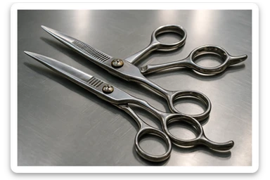 A set of professional barber scissors lies on a stainless steel workbench, gleaming under the bright lights. The blades are sharp and precise, with smooth handles showing signs of frequent use, ready for the next cut sticker
