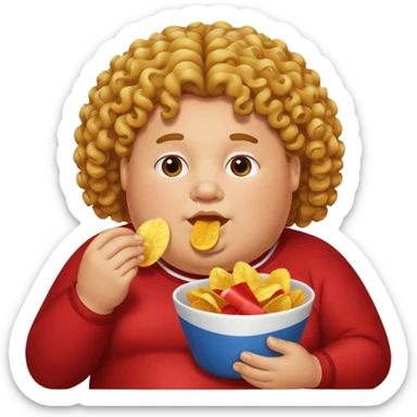 A fat tat with curly hair that’s eating chips sticker