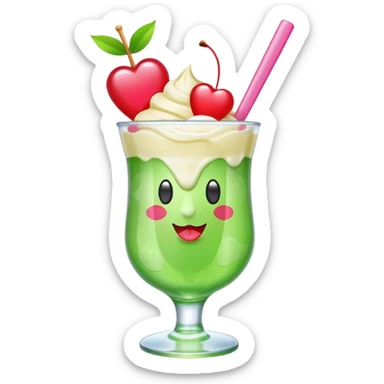 clear emoji-style of a green soda float with ice, vanilla ice cream scoop, two red cherries, pink heart-shaped straw, simple shapes, bright colors, glossy, kawaii style, centered, transparent background
 sticker