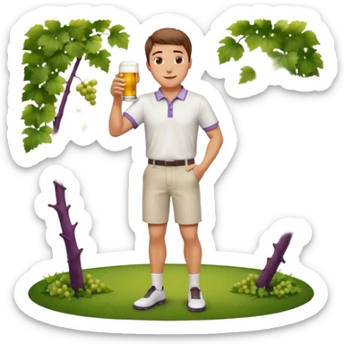 Handsome. Male. Happy. Brown short hair. Wearing white golf shirt and shorts. Drinking beer. Cheersing. Full body. Grape vines background  sticker