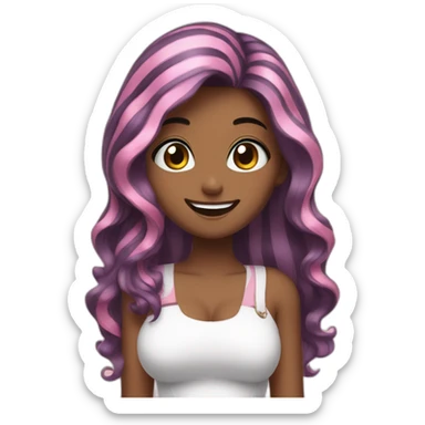 women with black Pink striped hair, a long long hair, pink eyes,korean, She raises a thumbs up, nervous, and smiles, She is wearing a short white dress, she is 18 years old  sticker