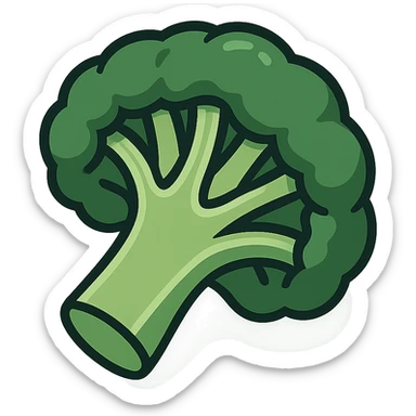 a broccoli floret cut in half, 2D isometric illustration style sticker