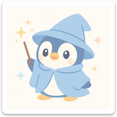 cute penguin wizard casting a spell, with sparkles and a blue cloak sticker