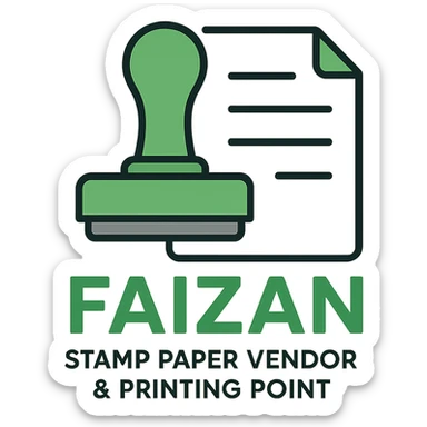 logo for 'Faizan Stamp Paper Vendor & Printing Point', minimalistic design, abstract stamp and paper elements, green and gray palette, contemporary style sticker