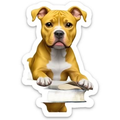 Stack of books with a yellow pit bull  sticker