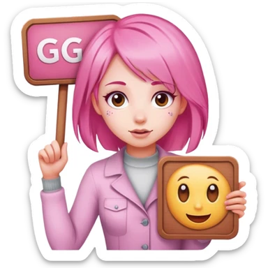 girl with pink hair, big sign, sign says GG sticker