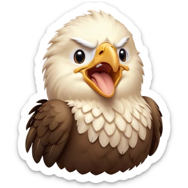 Cinematic Cute Yawning American Eagle Portrait Emoji, Head tilted slightly with a dramatic, wide-open yawn, showcasing a stately form with gently drooping feathers and sleepy, half-closed eyes, Simplified yet irresistibly adorable features, highly detailed, glowing with a soft, cozy majestic glow, high shine, relaxed yet expressive, stylized with a dash of whimsical aerial charm, soft glowing outline, capturing the essence of a drowsy yet affectionate American eagle that appears ready to stretch out for a nap! sticker