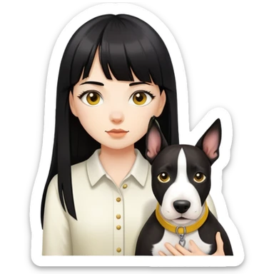 girl with long black  straight bangs hair and Springer and yellow bull terrier sticker