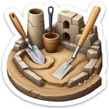 An icon showing an archaeologist’s tools: a trowel, brush, and a partially uncovered ancient artifact like a vase or tablet. The design includes a sandy excavation site with ruins in the background, symbolizing the discovery of past civilizations. Transparent background  sticker