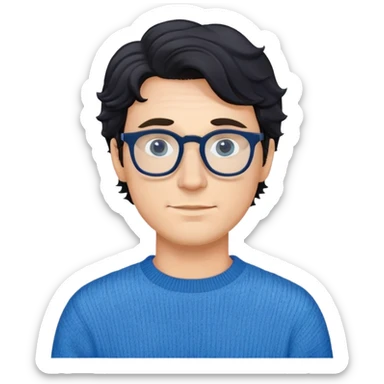 Caucasian male with wavy black hair wearing eyeglasses and a blue long sleeve pullover sweater sticker