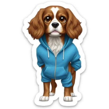Fully Brown/golden, no white, cavalierk King Charles spaniel dog with blue hoodie on, over his head, happy, wagging tail, full body sticker