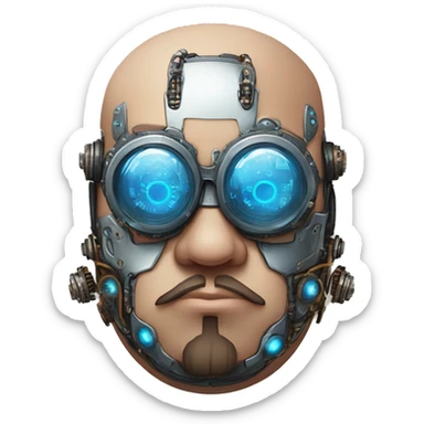 Fat bald cyborg head with blue steampunk goggles, brown beard and circuits sticker