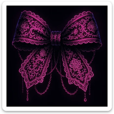gothic lolita bow, ornate lace, neon pink and black, delicate chains, Victorian influence, neon goth palette sticker