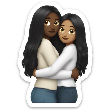 Lesbian with long black hair and white skin hugging her girlfriend from behind sticker