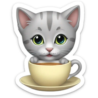 grey kitten drinking tea sticker