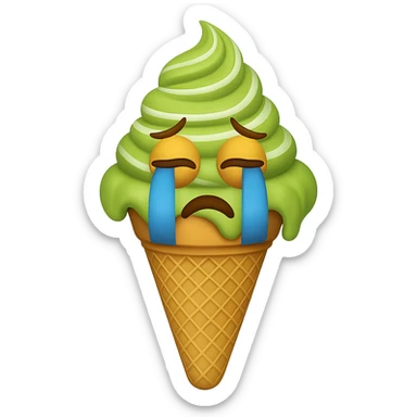 Add a crying face to the matcha ice cream. Keep the background transparent. Maintain the style and look of the original image. sticker