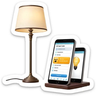 smartphone in foreground showing a quiz interface, with a floor lamp protruding from behind the phone sticker