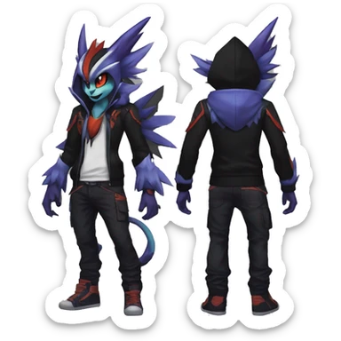 Cool Anthro Black Noivern-Absol-Litten-Pokémon with edgy stripes hoodie spiked collar punk Full Body sticker