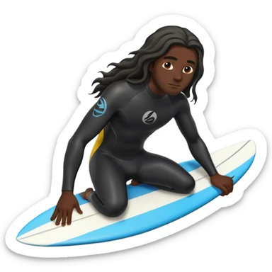 A surfer with long hair and black skin sticker