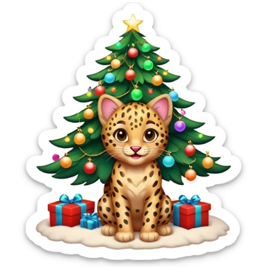Smiling Leopard kitten under a multicolored lighted glowing christmas 🎄  sticker