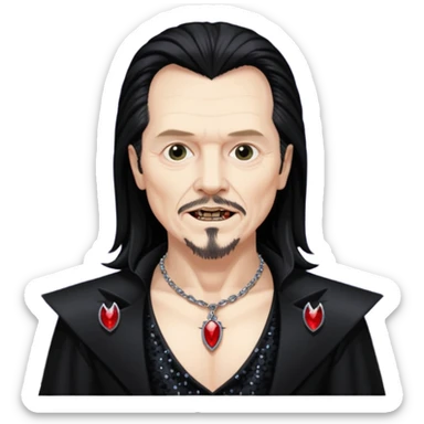 Gary Oldman as Dracula with long black hair, black sequin outfit, shirtless with necklace sticker
