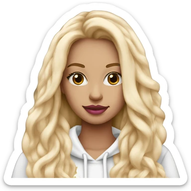 girl with long blonde hair extensions with pink lips and lashes with a Starbucks in her hand and a white hoodie on sticker