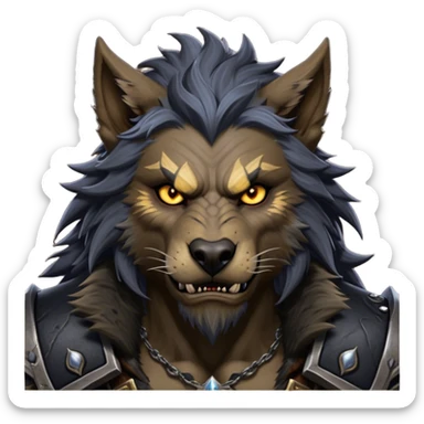 Cinematic Realistic WoW Worgen Portrait, depicted as a fearsome blend of man and beast, with rugged, dark fur intermingling with tanned, weathered skin. His piercing amber eyes and fierce expression are framed by disheveled hair and subtly detailed, worn leather attire in dark, consistent hues. Rendered with lifelike texture and dramatic, natural lighting, high shine, noble and formidable, capturing the primal nobility of a legendary worgen warrior. sticker
